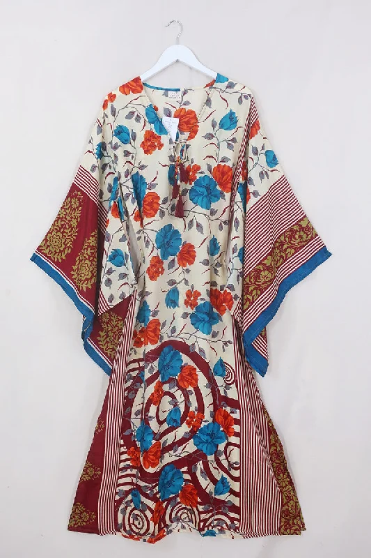 Cassandra Maxi Kaftan - Buttercream & Merlot Bold Floral - Vintage Sari - Size S/M